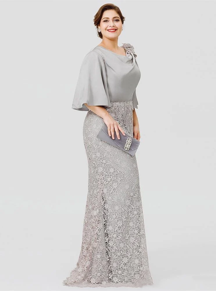 Silver Grey Stain Mother of the Bride Dress O-Neck 3/4 Sleeves Zipper Lace Plus Size Wedding Guest Evening Party Gowns Mermaid