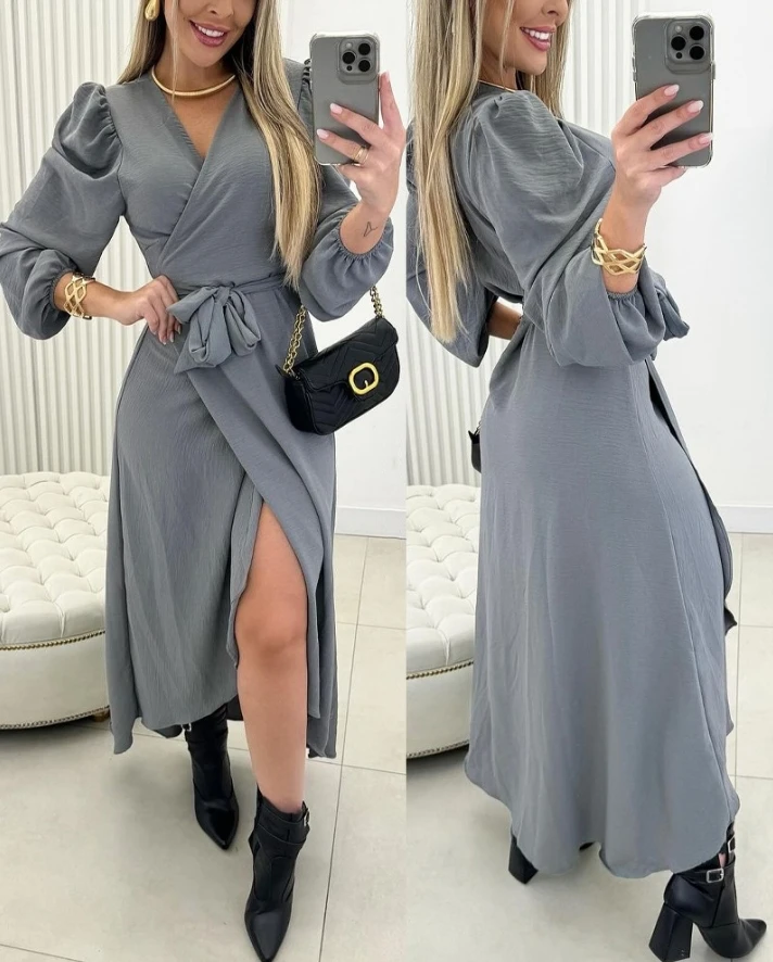 

Women's New Fashion V-Neck Long Sleeve Tied Detail Slit Dress Daily Clothing Temperament Commuting 2024 Women Casual Dresses