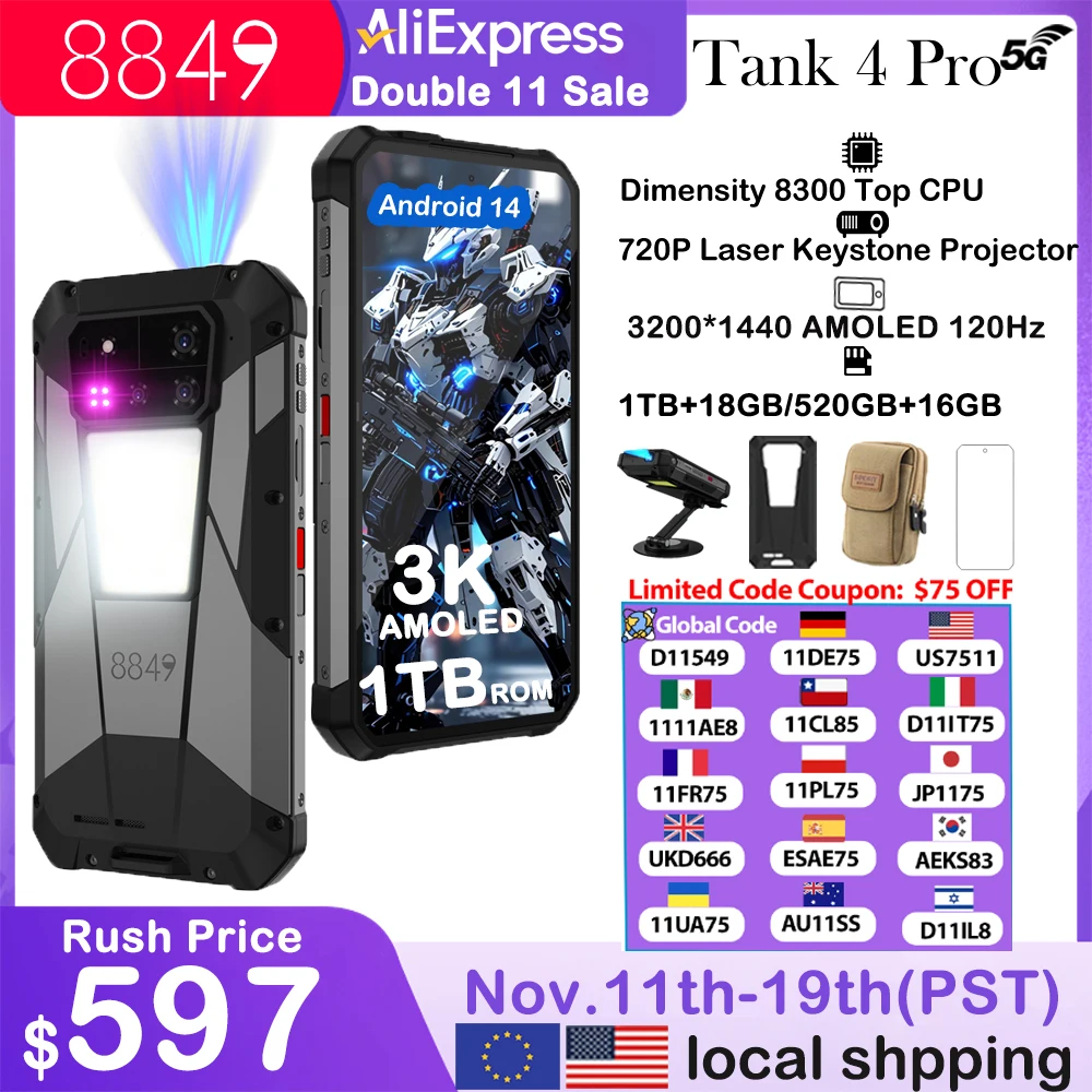 8849 Tank 4 Pro Unihertz 5G Rugged Projector Smartphone 1TB 36G Android 14 Sports Phone 11600mAh Dimensity8300 AMOLED 120HZ