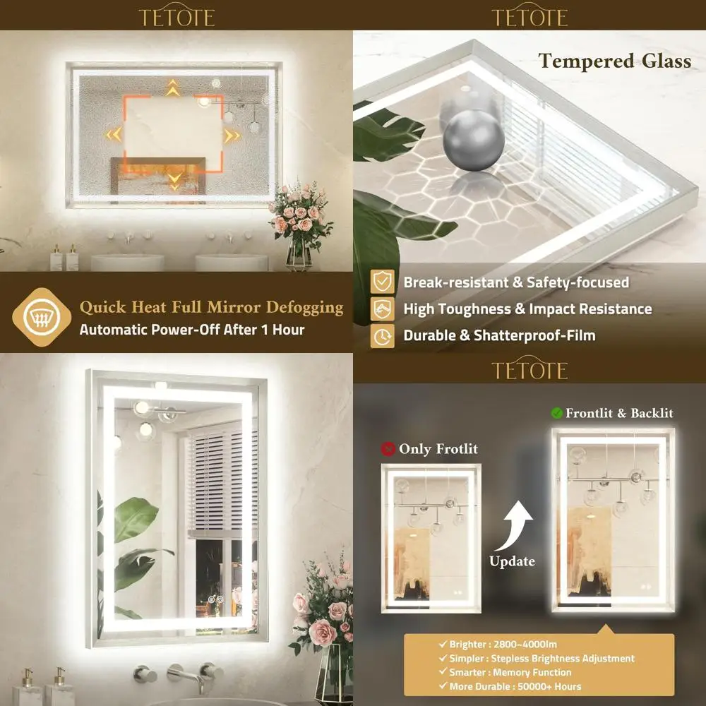 

Зеркало для ванной с LED-подсветкой, 30 светодиодов, матовый никель, с функцией антизапотевания, 3 цветовые температуры, настенное крепление