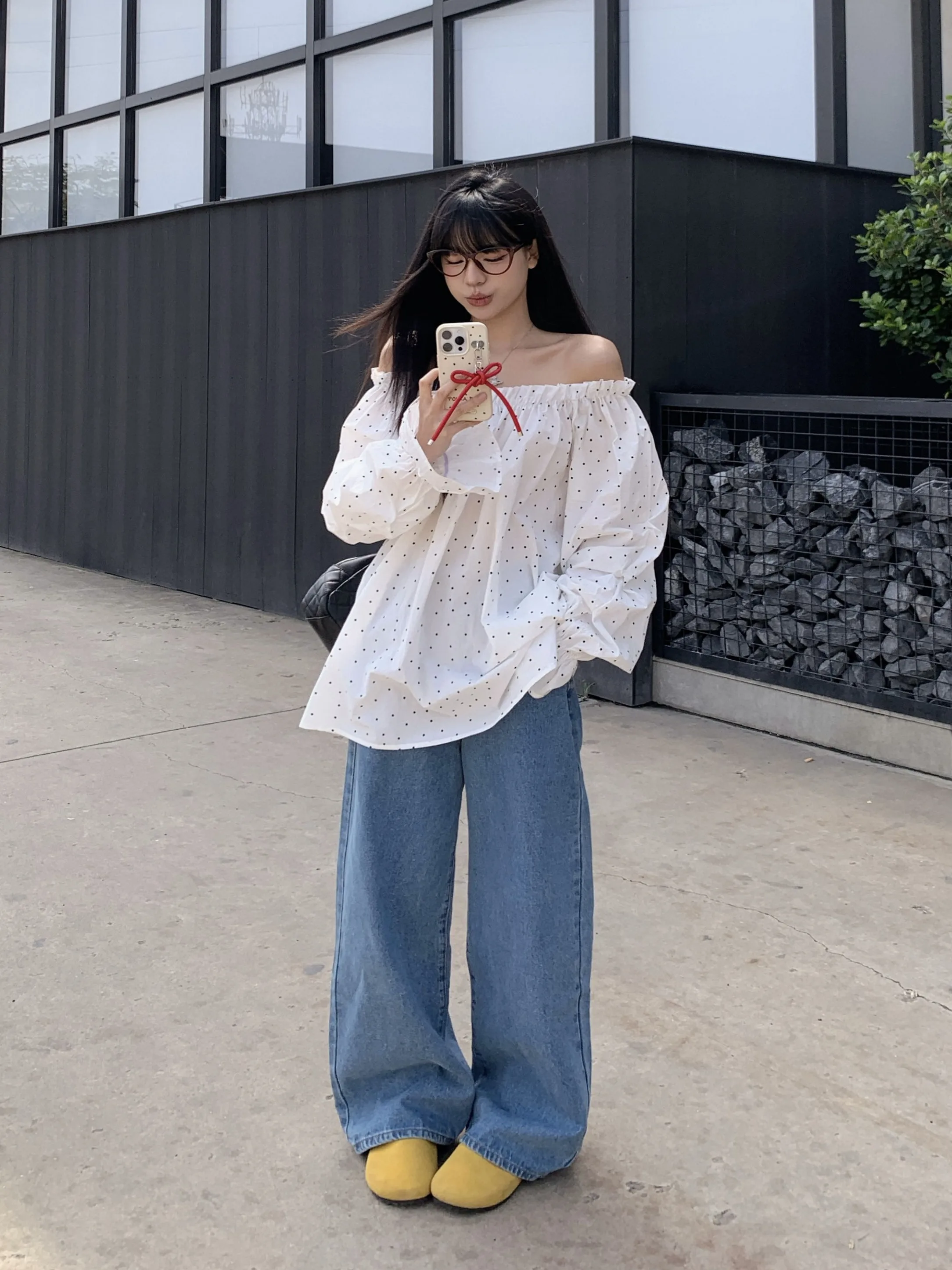 plus Size Women's Polka Dot One oulder Loose irt Korean Sle Simple Spring New Faion Slimming Top Trendy Commute Wind