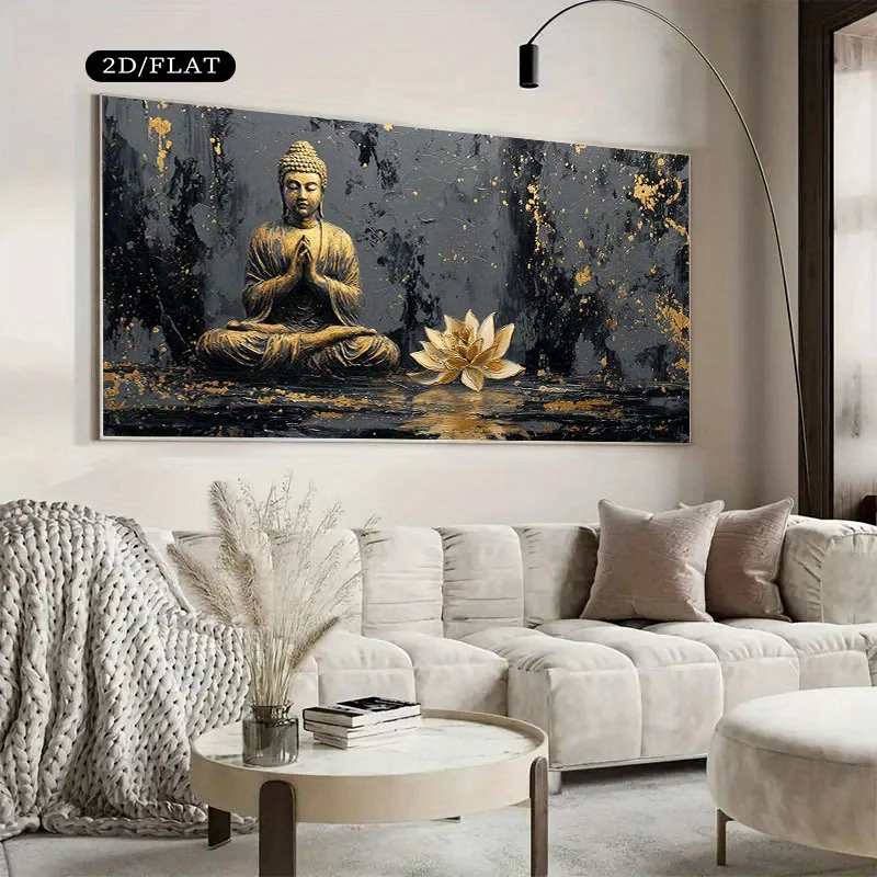 

2D/Flat Large Abstract Golden Buddha with Lotus Canvas Print Unframed Modern Religious Zen Canvas Wall Art for Living Room Decor