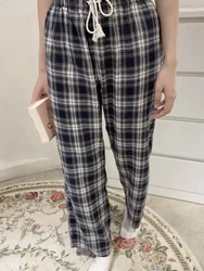 Casual Women Plaid Wide Leg Pants Autumn Cotton Elastic High Waist Loose Pants Female Streetwear Vintage Drawstring Bottoms