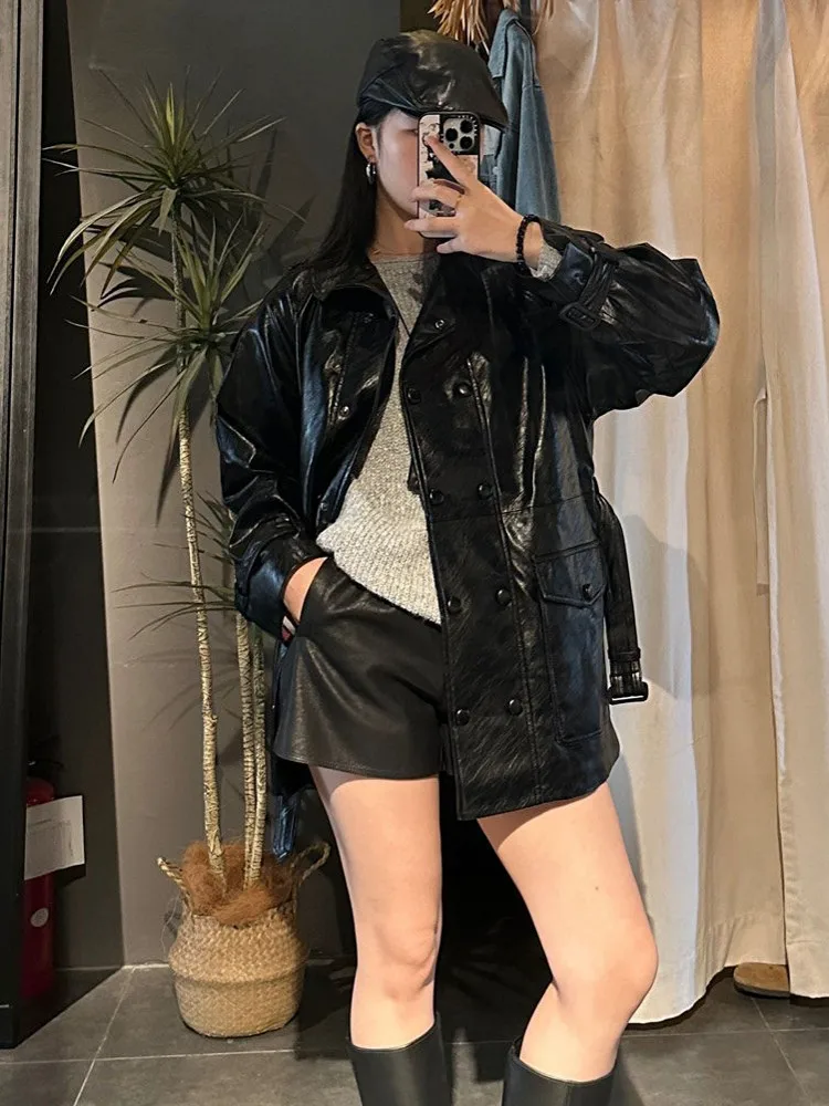 Fashion Autumn Women Double Breasted Belted Waist Mid Long Jacket Moto Biker Windproof Sheepskin Genuine Leather Jackets Outwear