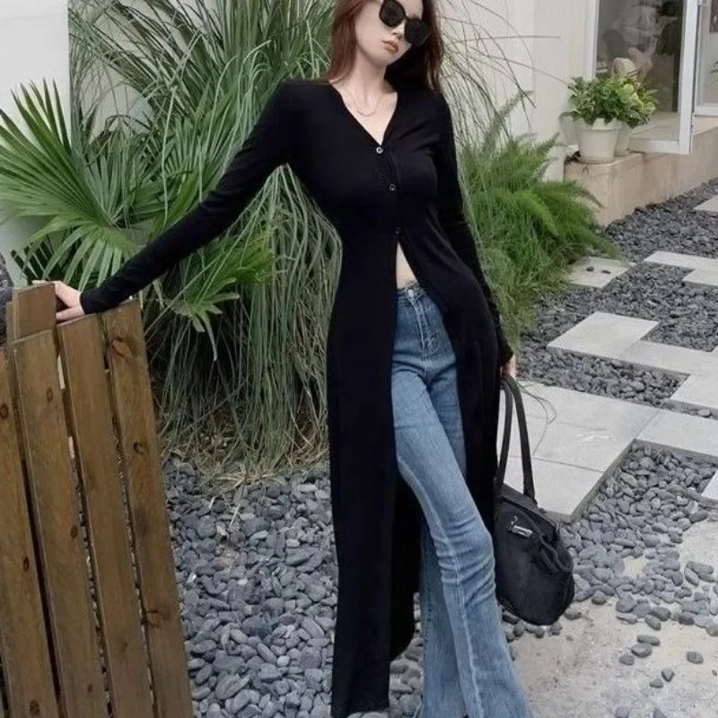 

Chic V-neck Black Long Sleeve Shirts Women Slim Cardigan Autumn Mid-length Tops Y2k Windbreaker Streetwear Thin Blouses Trench