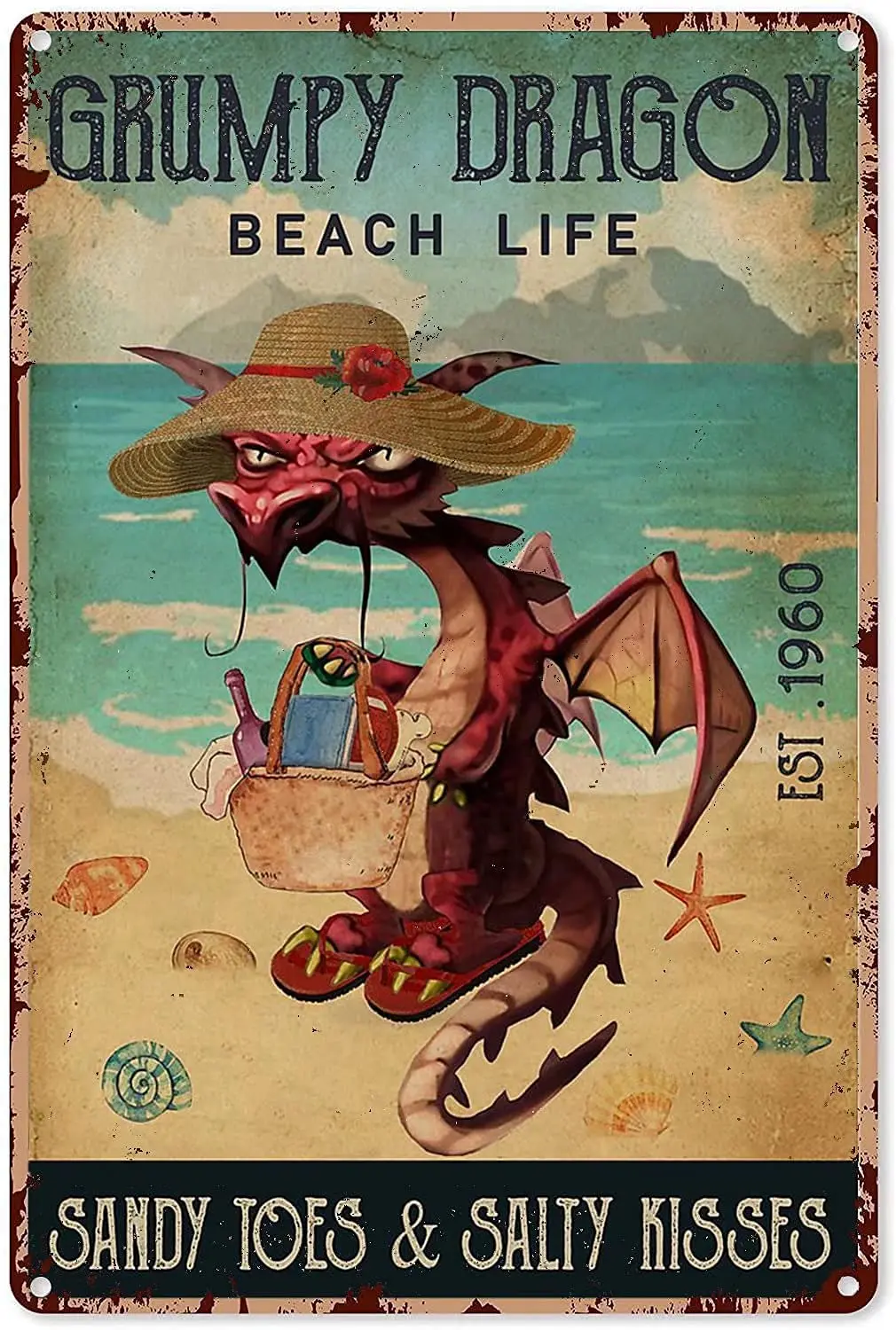 Dragon Beach Life Metal Tin Sign,Classic Home Metal Cabin Club Shop Bar Sign Garage Cafe Farm Metal Wall Panel Art Deco