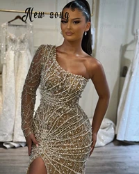 Champagne Asymmetric Neck Luxury Evening Dresses Beading Engagement Party Dress With High Split For Women Birthday Pageant Gowns