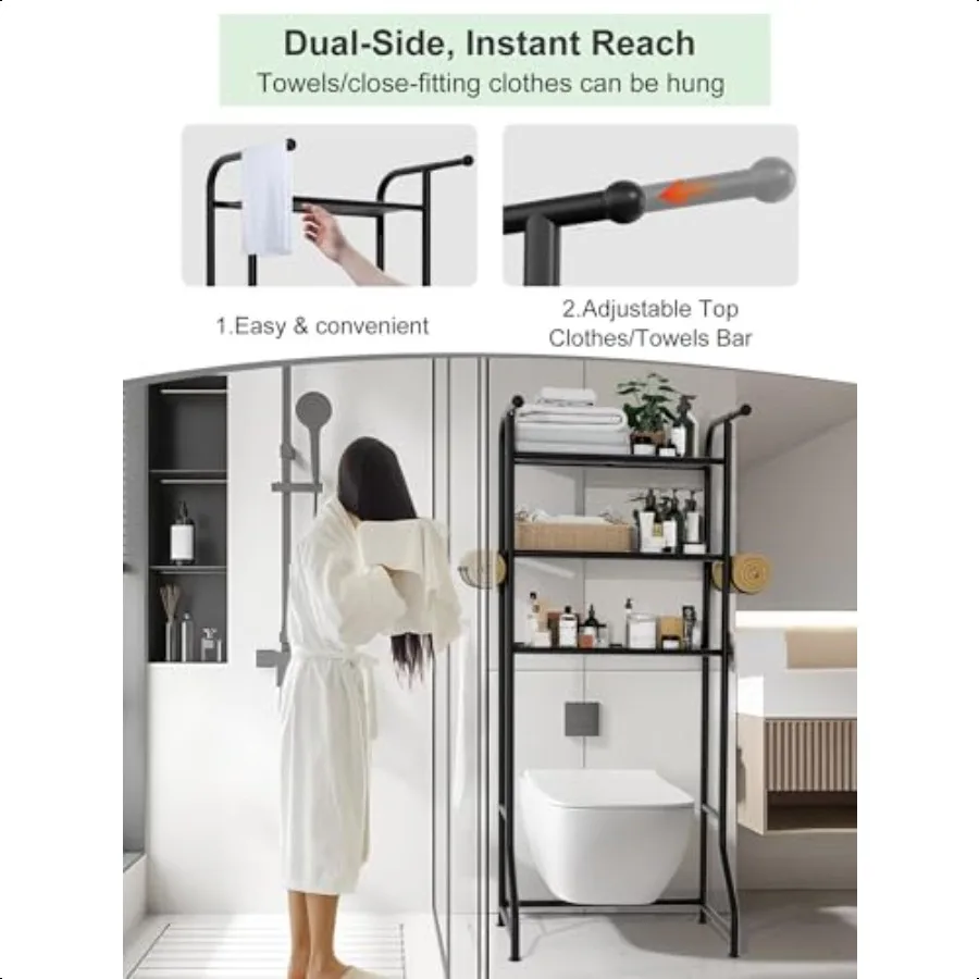3-stufiges Aufbewahrungsregal über der Toilette, Badezimmer-Organizer und Aufbewahrung über der Toilette, Metall-Badezimmer-Platzsparer mit 2 Stangen, 1 Papierhalter