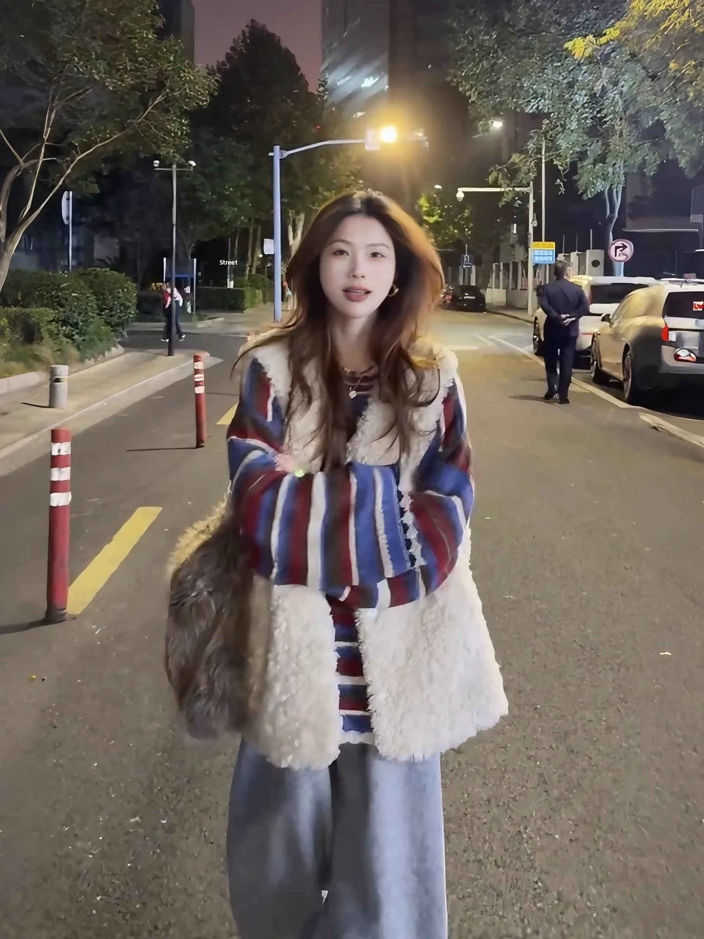 

Winter Faion plus Size Women's Lamb Fur Vest Striped Sweater Casual Pants Loose Tee-Piece Set Warm Comfortable Ensemble