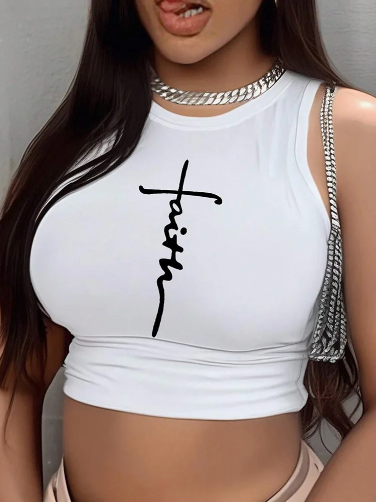 

New Women's O Neck Solid Color Ribbed Vest Camisole Women's Summer Basic Stretch Vest Nightclub Sexy Cross Print Short T-Shirt