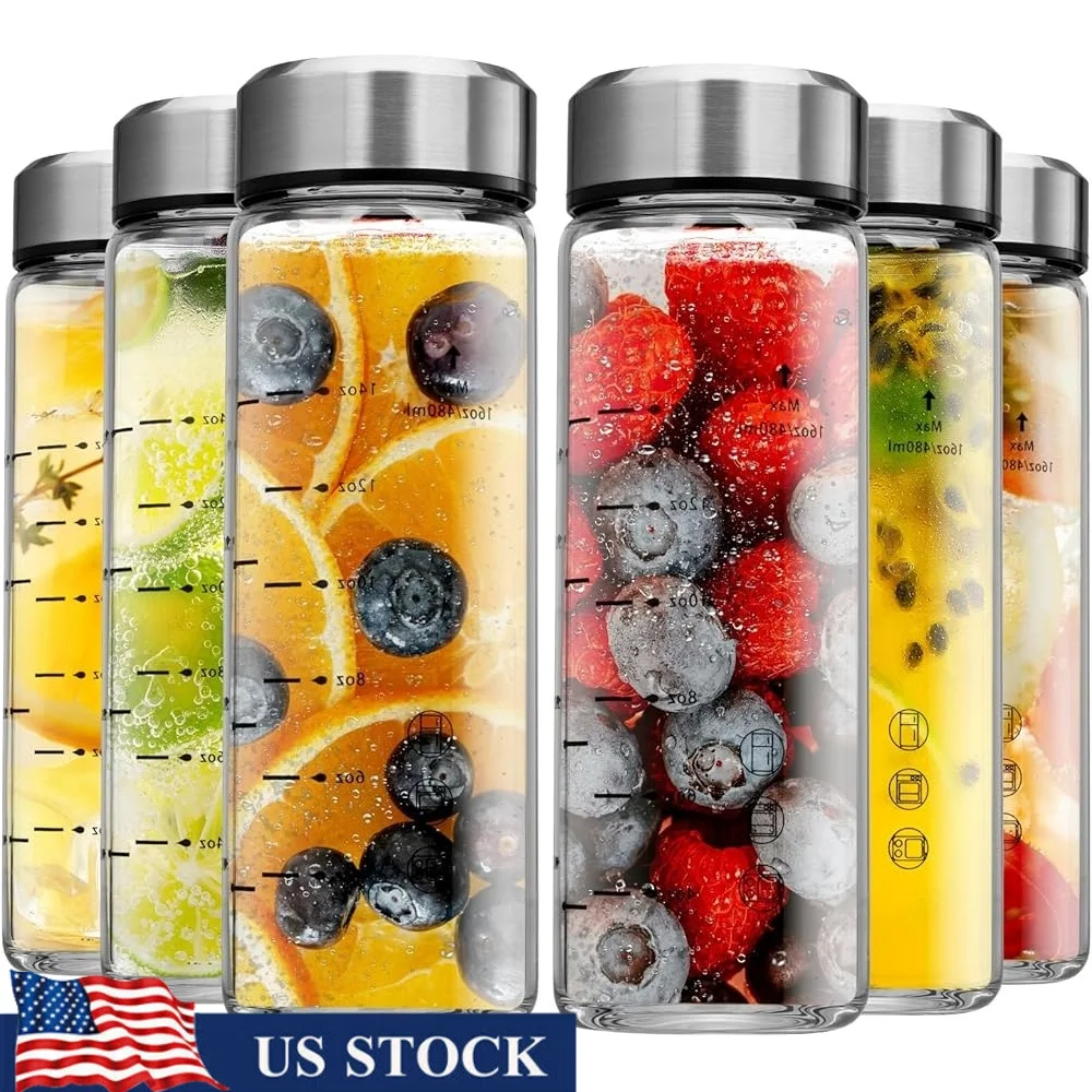 

Wide Mouth Glass Juice Bottles 16oz 6 Pack with Stainless Steel Lids BPA Free Smoothies Juices Cold Drinks Easy Clean