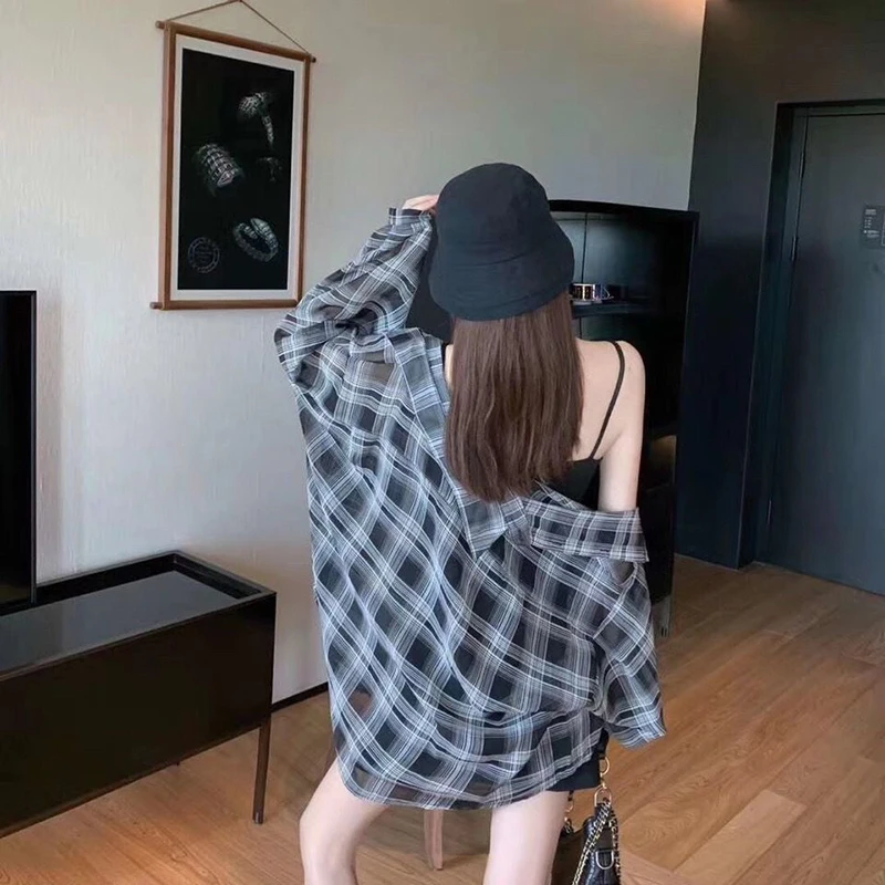 Oversize Women Plaid Shirts Summer Long Sleeve Simple Loose Female Blouse Fashion Korean Sun-proof Ladies Tops New