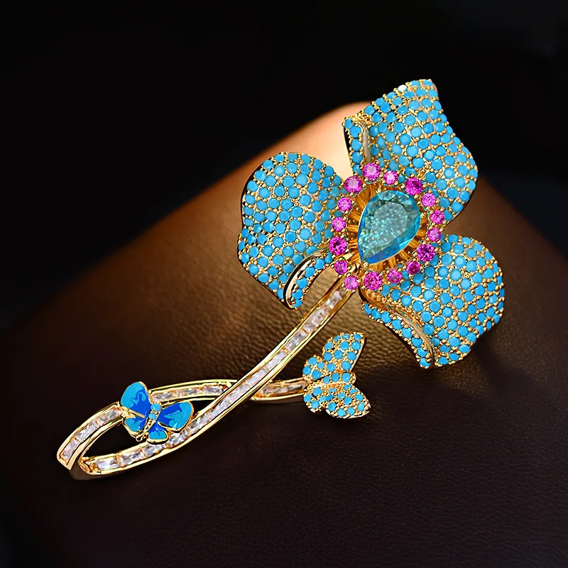 

OKILY Elegant Light Luxury Turquoise Flower Brooch Fashion Enamel Butterfly Pins and Broche for Women Dinner Dress Accessories