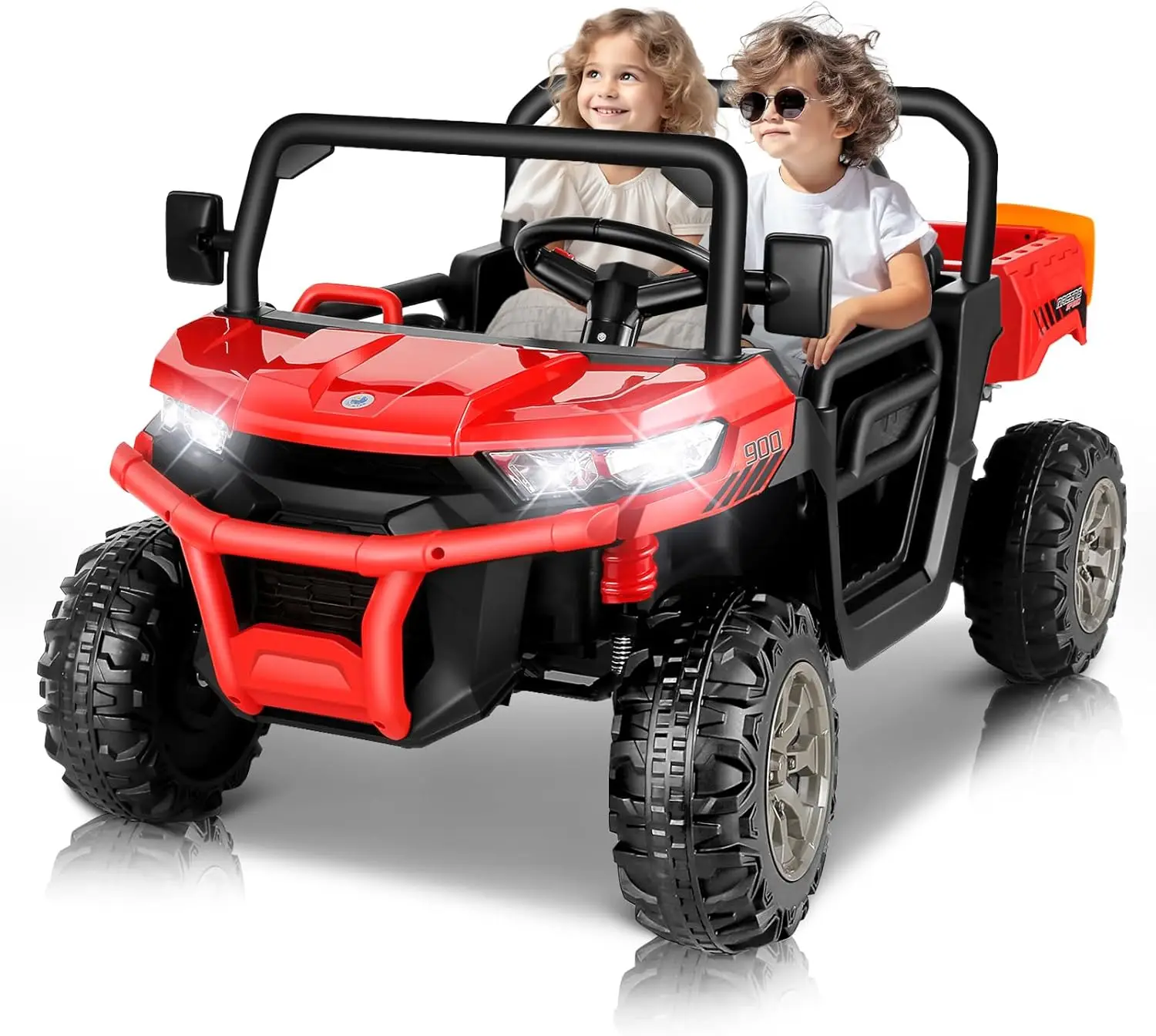 Ride on Car with Remote Control, Two Seater Ride On Dump Truck UTV with Dump Bed, Shovel, 2x200W Motor, 3 Speeds, Music, 24 Volt