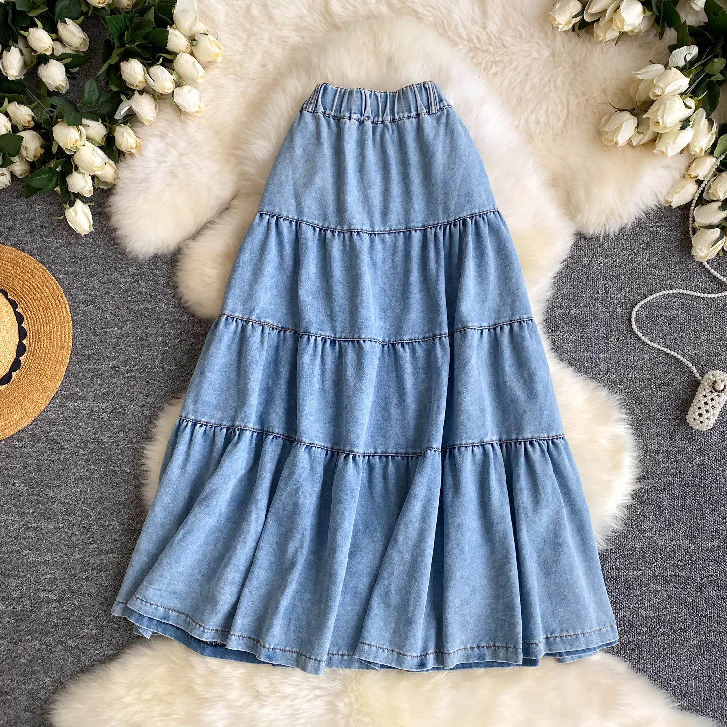 Women Skirts Denim Skirt Solid Pocket Button Empire Elastic Waist Ankle Length Tiered Skirt Loose Fit Casual Office 2026 Summer view 4