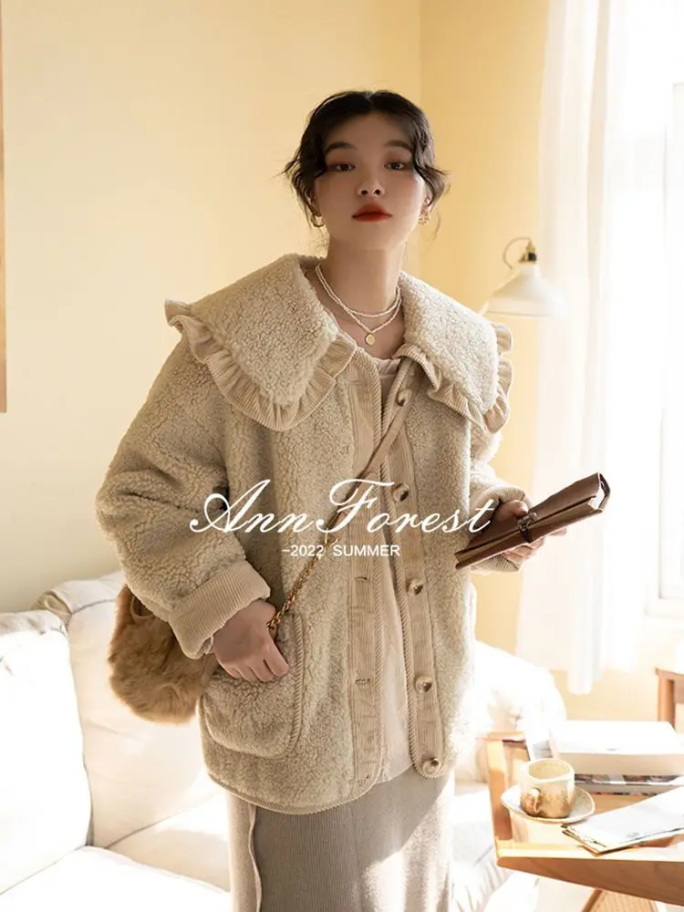 Plush Coat High-End Ruffled Doll Collar Retro 2024 New Loose And Cute Wool Coat Winter Lamb Wool Coat