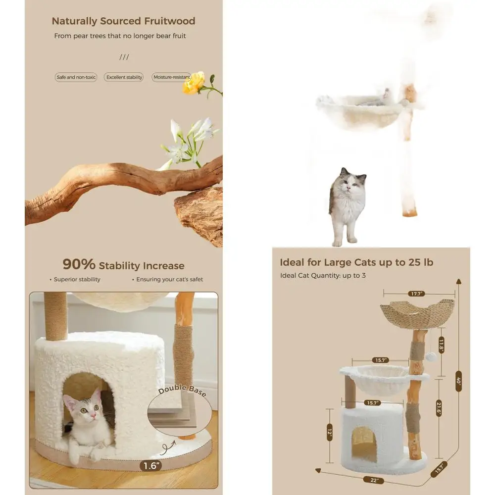 Luxuriöser Kratzbaum aus echtem Holz mit großem Eigentumswohnung, Hängematte, Kratzbaum und Topkorb für Hauskatzen – Weiß