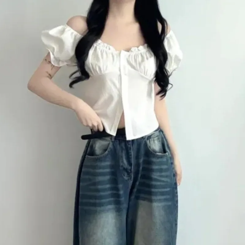 

Chic Korean Sle Women's Chiffon irt Wooden Bubble Sve ort Sve Slimming Top Single Button ort Length