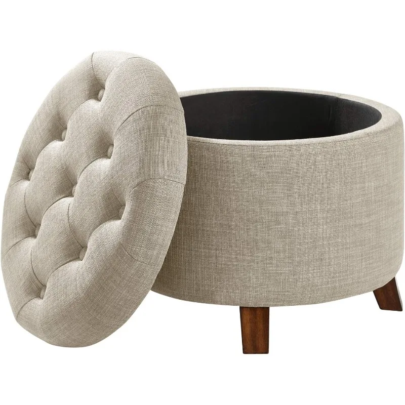 

Upholstered Tufted Storage Round Ottoman Footstool, Linen, Burlap Beige, ‎20"W x 20"D x 17"H