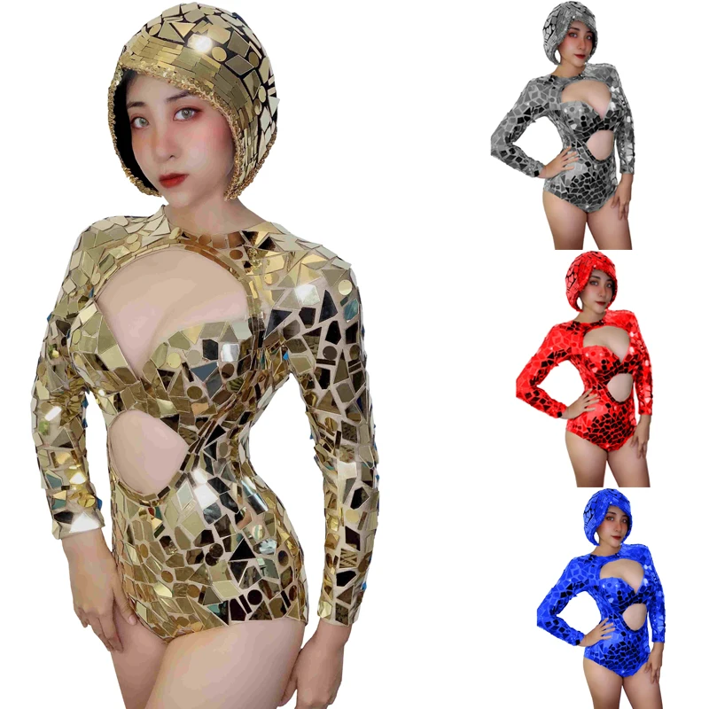 

4 Colors Mirrors Costumes Sexy Cutout Lens Bodysuit Women Birthday Celebrate Outfit Drag Queen Rave Pole Dance Gogo Wear XS7388