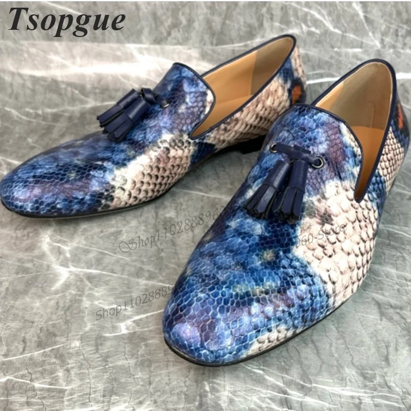 Mixed Color Serpentine Skin Frnge Decor Men Shoes Men's Dress Pumps Business Runway Casual Party Shoes 2023 Zapatillas Mujer