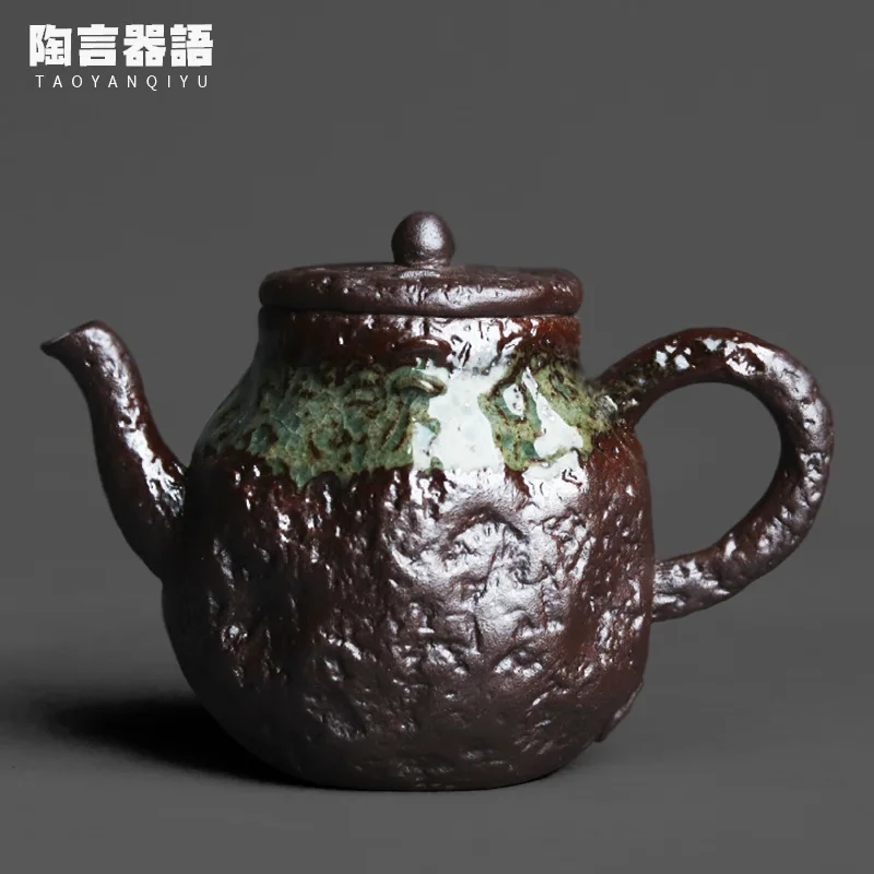 Wood burning fire marks glaze stone grain saw nails hand-held teapot handmade retro pottery rock and mineral soil hand-held tea