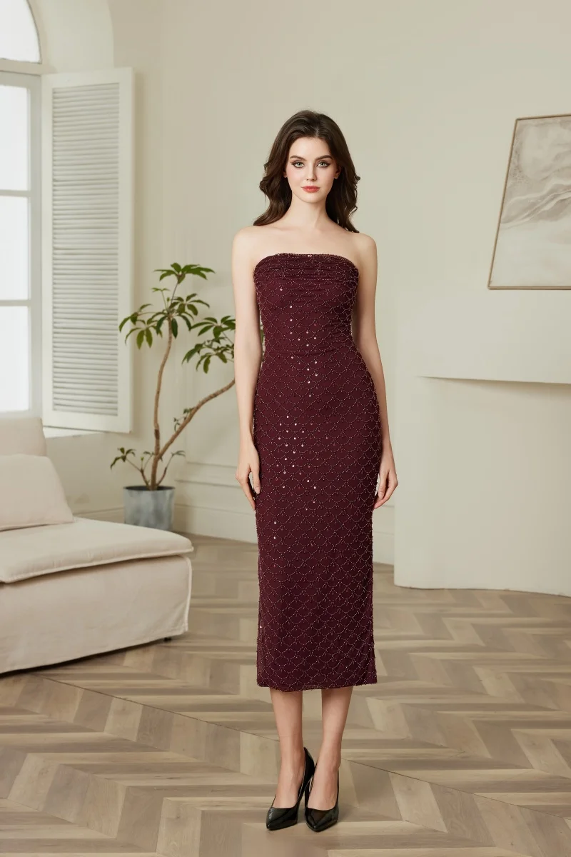 

SexyWomen's Strapless Burgundy Sequin Fish Scale Midi Dress - Bodycon Evening Party Gown for Formal Occasions