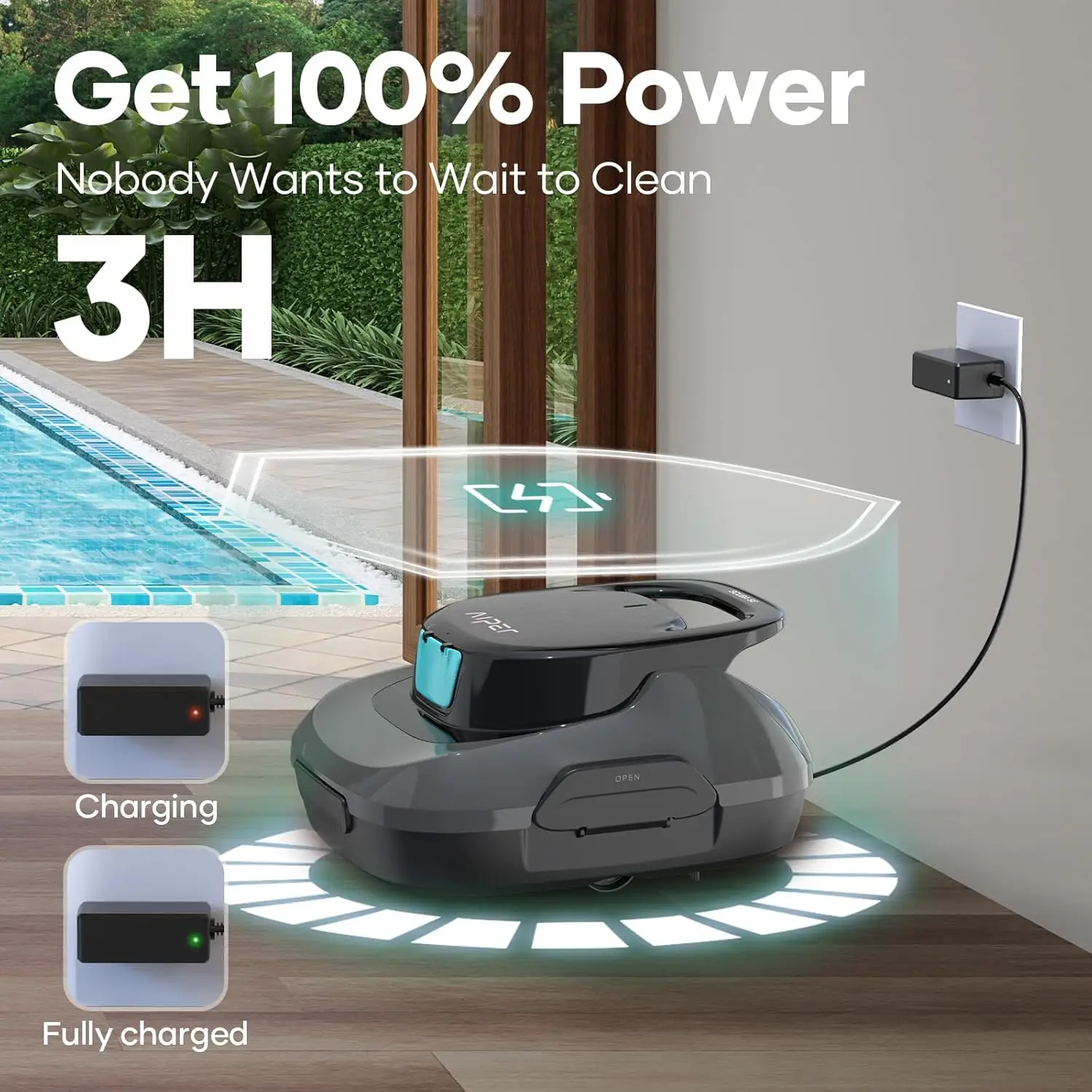 Robótico limpador de piscina, aspirador robô sem fio, limpeza automática, função de estacionamento automático, 90 min Battey Life