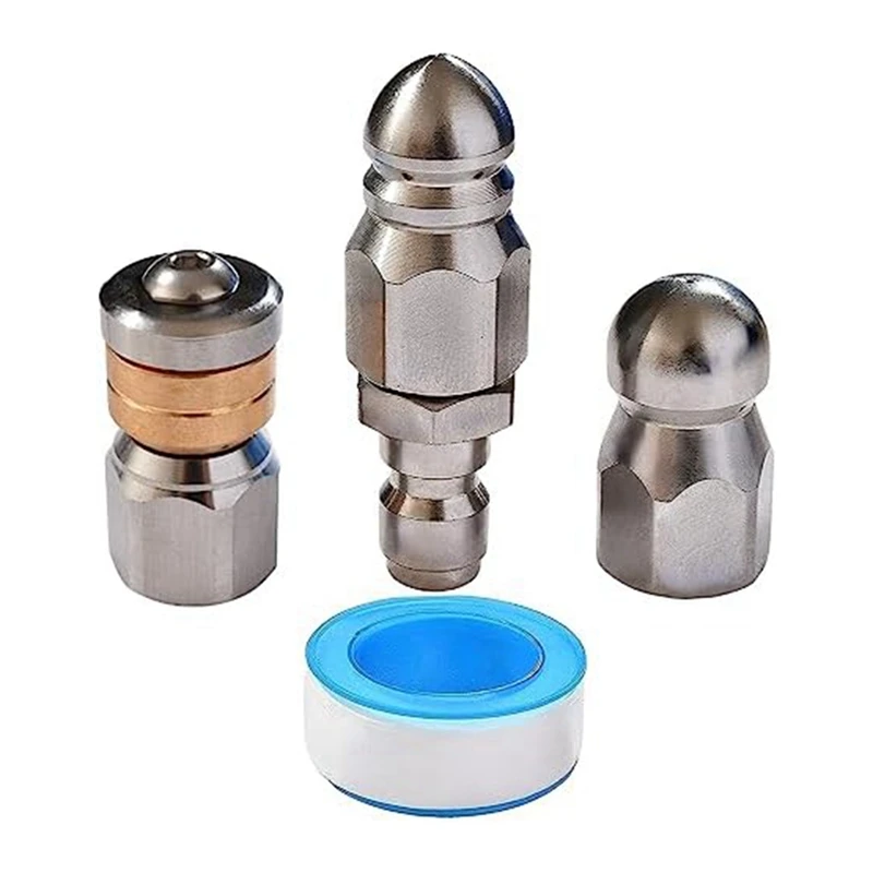 3Pcs Sewer Jetter Nozzle Rotating Stainless Steel Fixed Sewer Nozzle For 1/4 Inch Pressure Washer