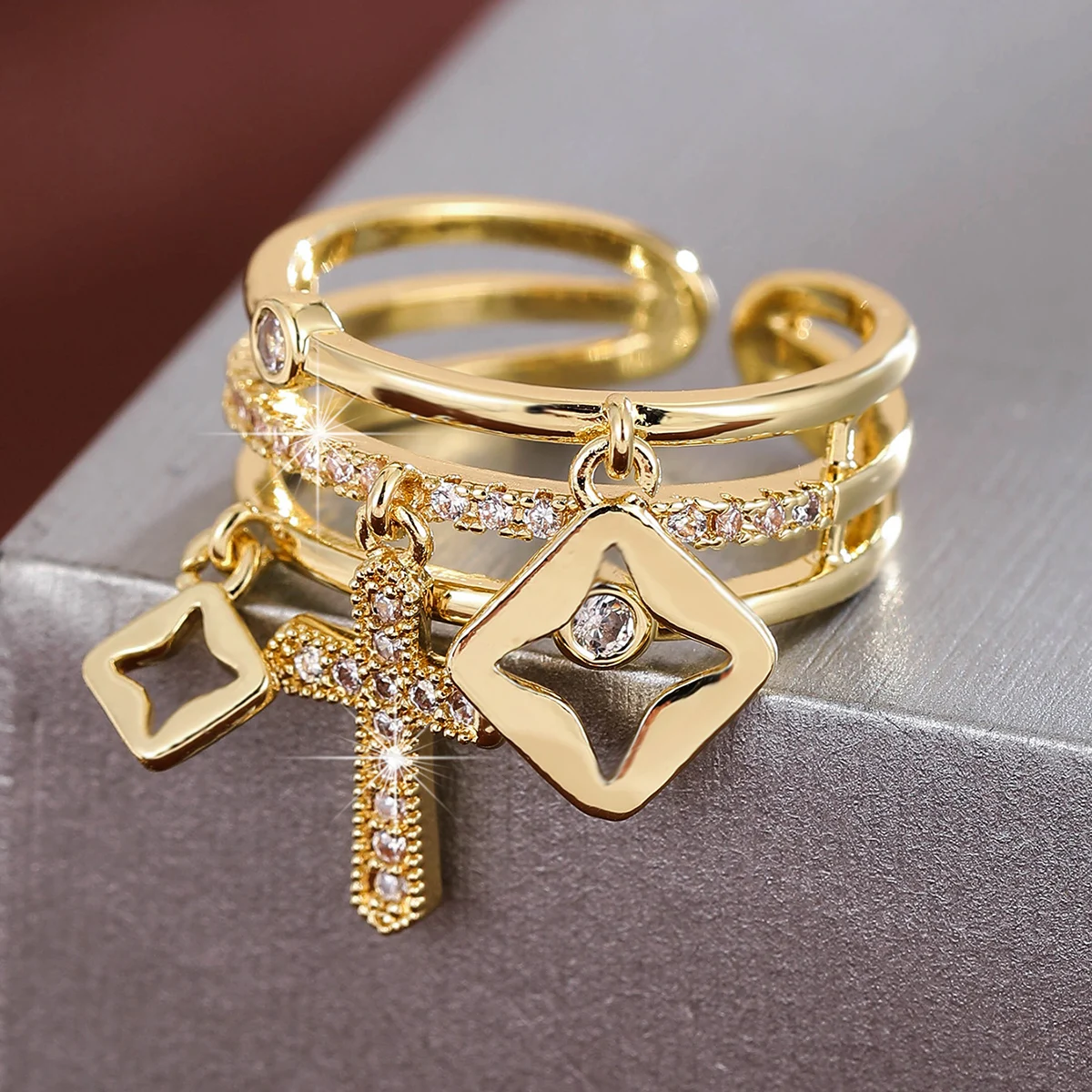 Unique crucifix Multi Layer Opening Ring Adjustable Women's Ring with Synthetic Zirconia