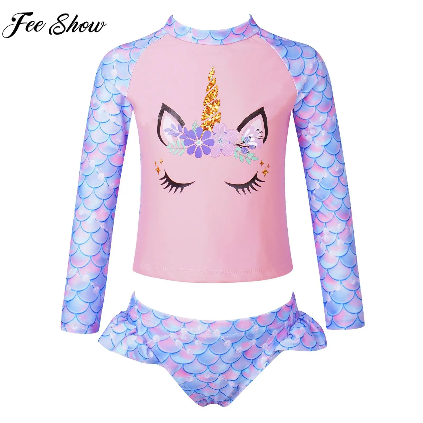 Kids Girls Fish Scales Print Swimwear Two-piece Swimsuit Long Sleeve Cute Cartoon Tops and Briefs Set Beachwear Bathing Suit