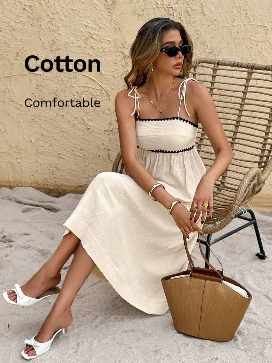

Women's Cotton Tie-Up Slip Midi Dress with Scallop Trim, Beach Vacation Style
