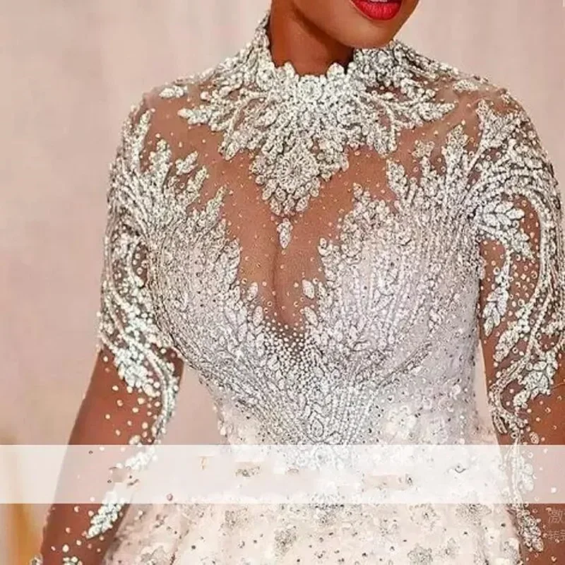 Customized Wonderful Beaded High Neck 3D Appliques CrytalsWedding Dress Sweep Train Long Sleeves Robe De Mariee Plus Size Br