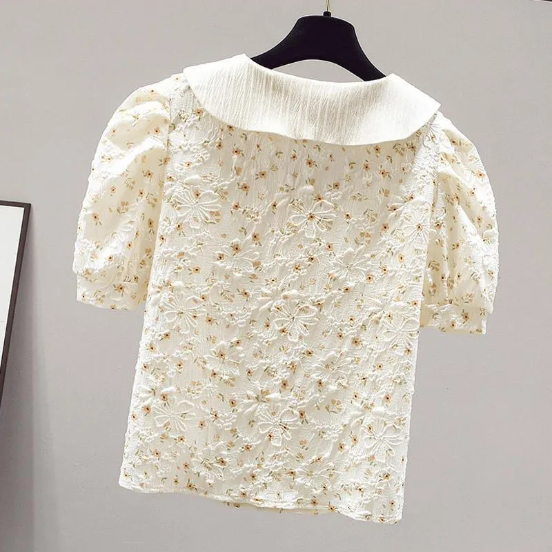 

Fashion Korean Short Sleeve Floral Blouse for Women 2023 Summer Elegant All-match Sweet Peter Pan Collar Shirt Female Clothing