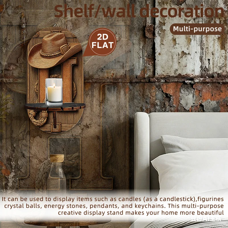 A 2D Printed Cowboy Hat Shaped Letter 'H' Wooden Display Rack, Which Serves As a Wall-Mounted Shelf, Key Holder, And Candle