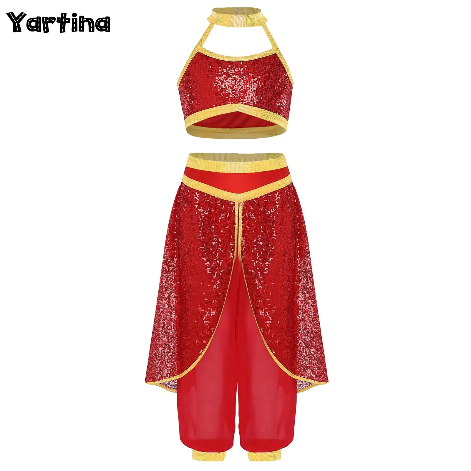 

Girls Halloween Arabian Jasmine Princess Cosplay Costume Belly Dance Outfit Sequin Cutout Crop Top with Overlay Pants Set
