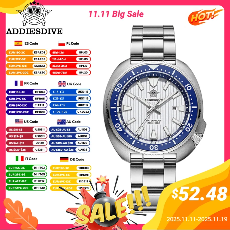 

ADDIESDIVE Diver Watch Turtle Sapphire Japan 2115 AR Coated Quartz Watches 200m Waterproof Luminous Men's Watch Reloj Hombre