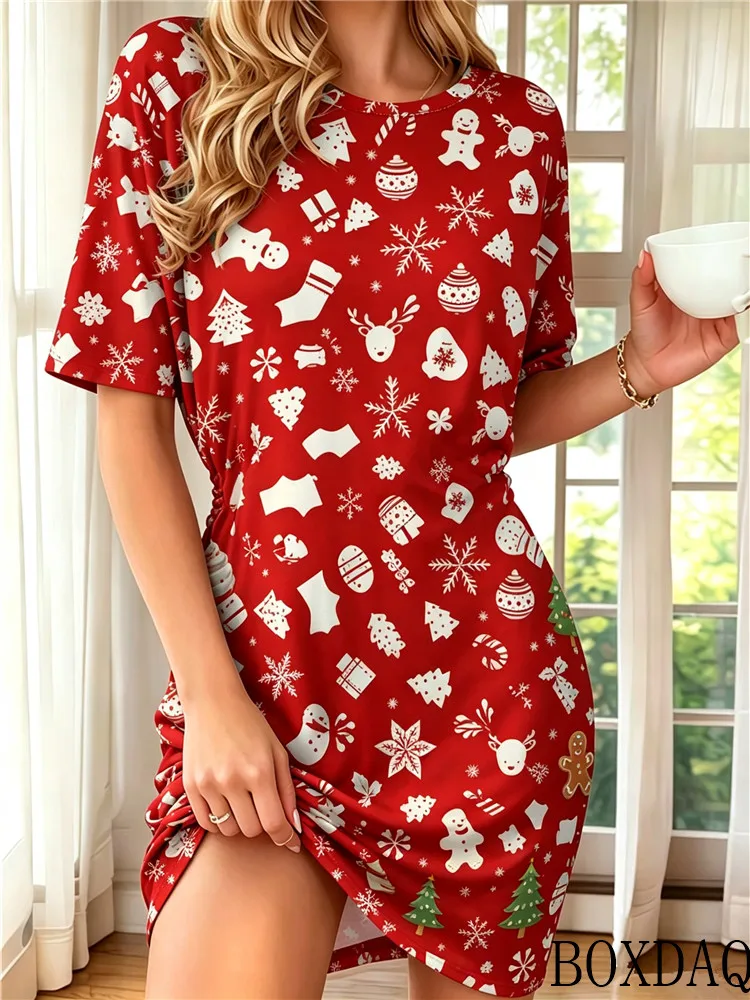 Christmas Cane Candy Snowflake Pattern Printed Women's Dresses New Summer Short Sleeved Round Neck Casual Home Loose Mini Dress