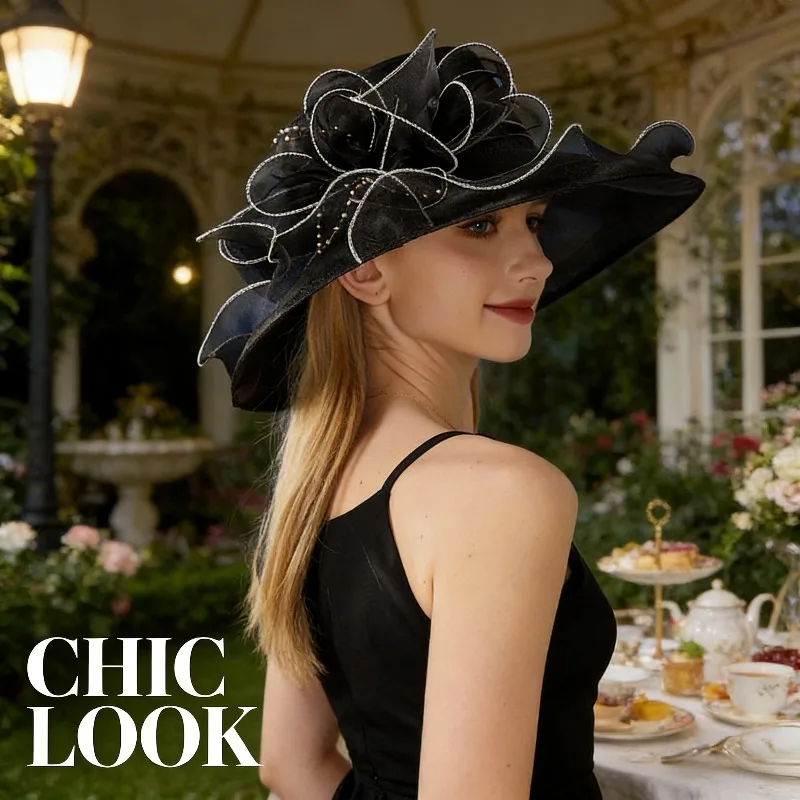 European Women Sun Hat Transparent Hard Big Lace Elegant Outdoor Decorative Hat Suitable for Horse Racing and Church Activities