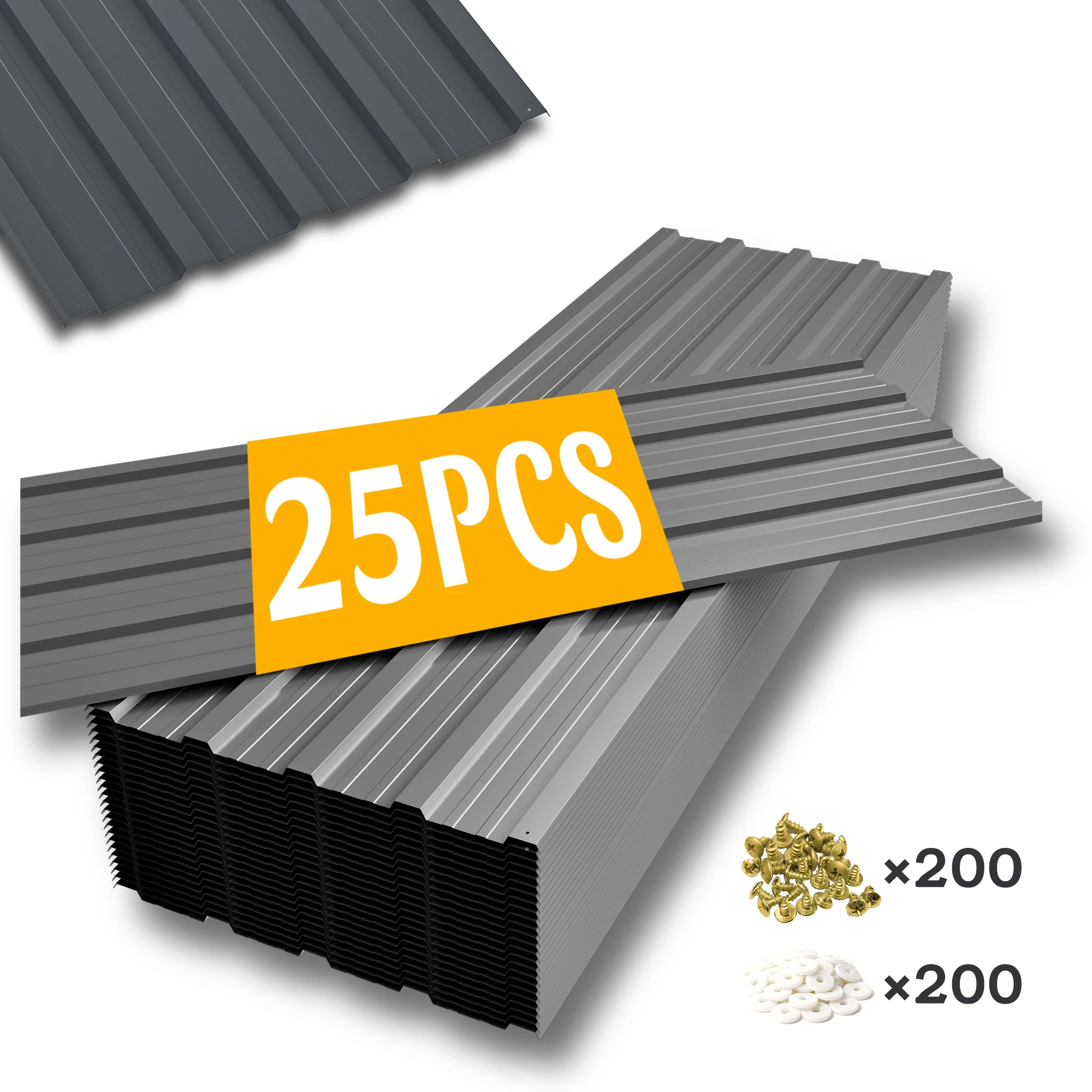 Corrugated Galvanized Metal Roof Panels 25 Pcs Roofing Sheets with 200 Nails Black/Gray for Shed Garage Carport Patio Greenhouse