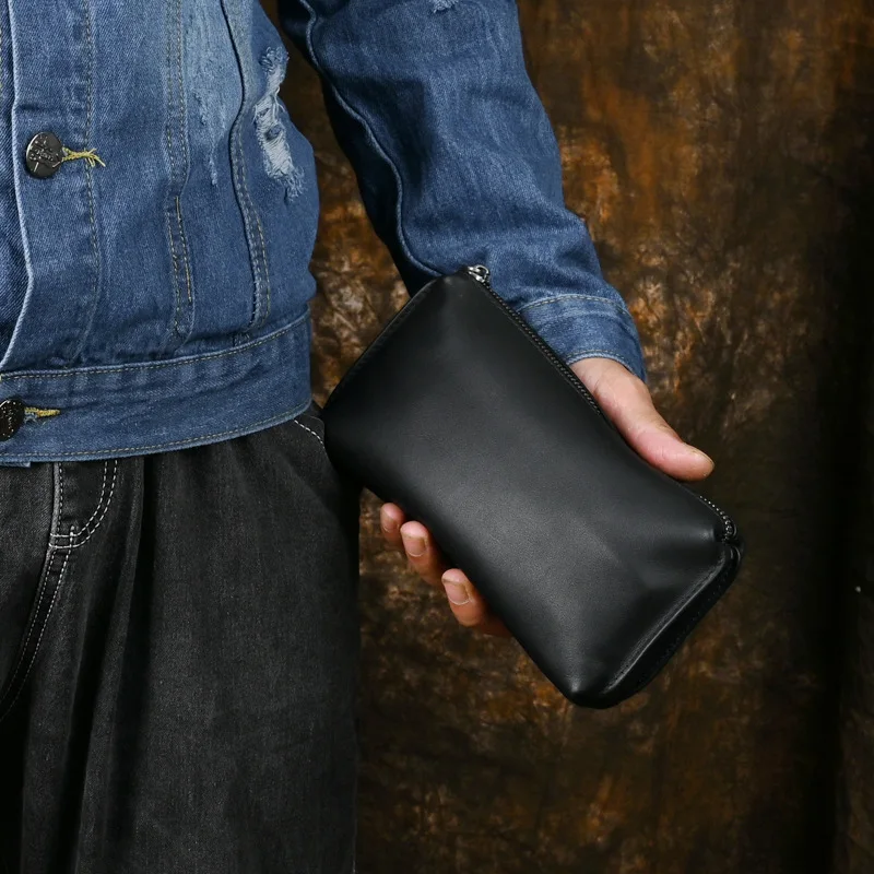 Bolso de mano de cuero genuino para hombre, cartera larga de piel de vaca suave, capa superior, monedero para teléfono móvil con correa para la muñeca