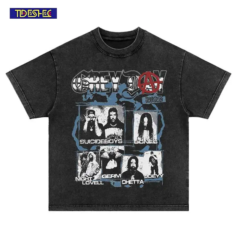 

Hip Hop Harajuku Punk Pattern Print T-Shirt Summer Fashion Neutral Vintage Streetwear Washed Oversize Leisure Cotton Tshirt Tops
