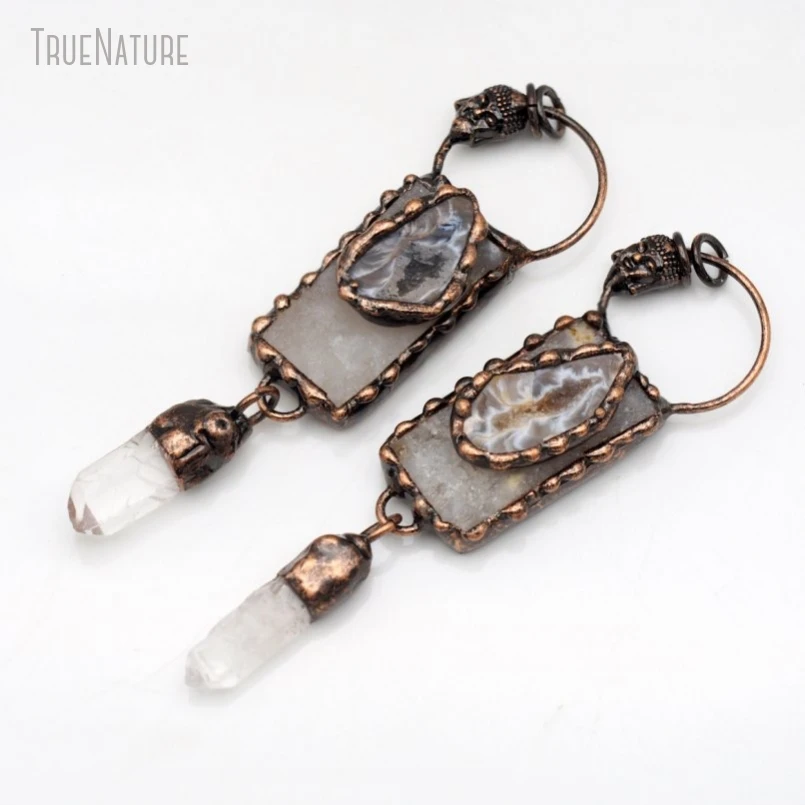 5Pcs Antique Bronze Color Clear Crystal Agates Geode Vintage Handmade Jewelry Buddha Head Rectangle Point Pendant PM48559