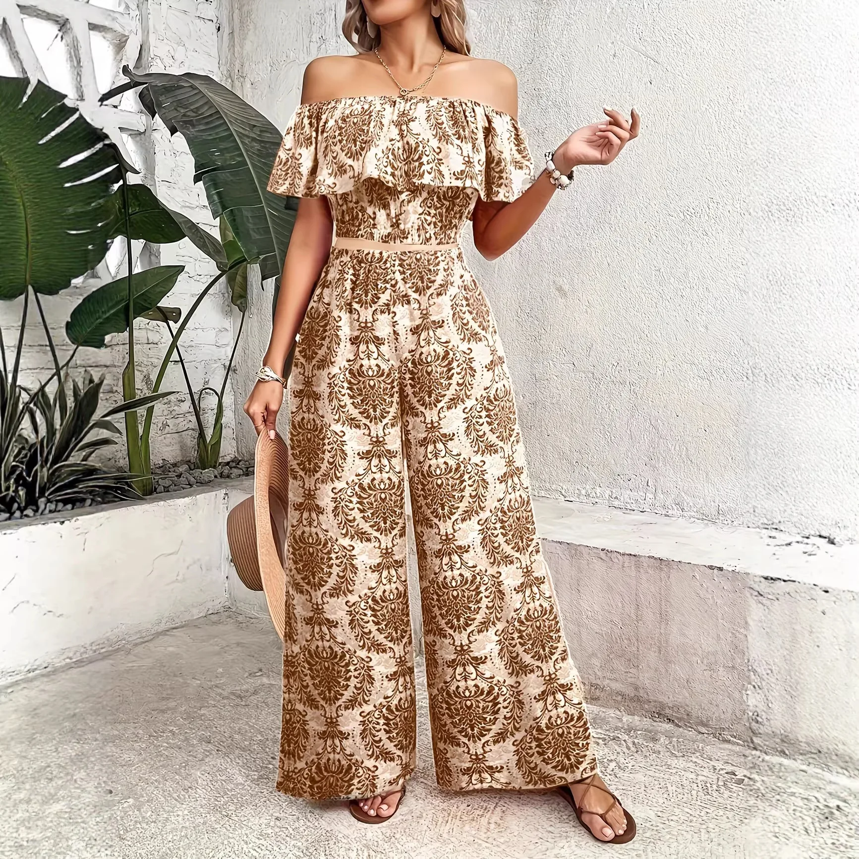 

2026 Cross-border Summer Vacation Printing Elegant Waist Slim One-word Shoulder Top Wide-leg Pants Two-piece Set Women's Cw08518