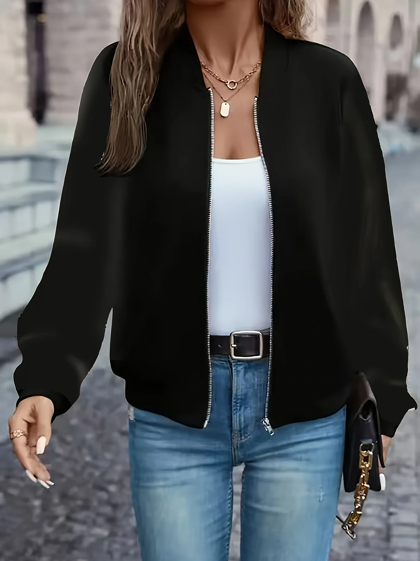 Women's Solid Color Biker Jacket Long Sleeve Zipper Round Neck Casual Short Coat