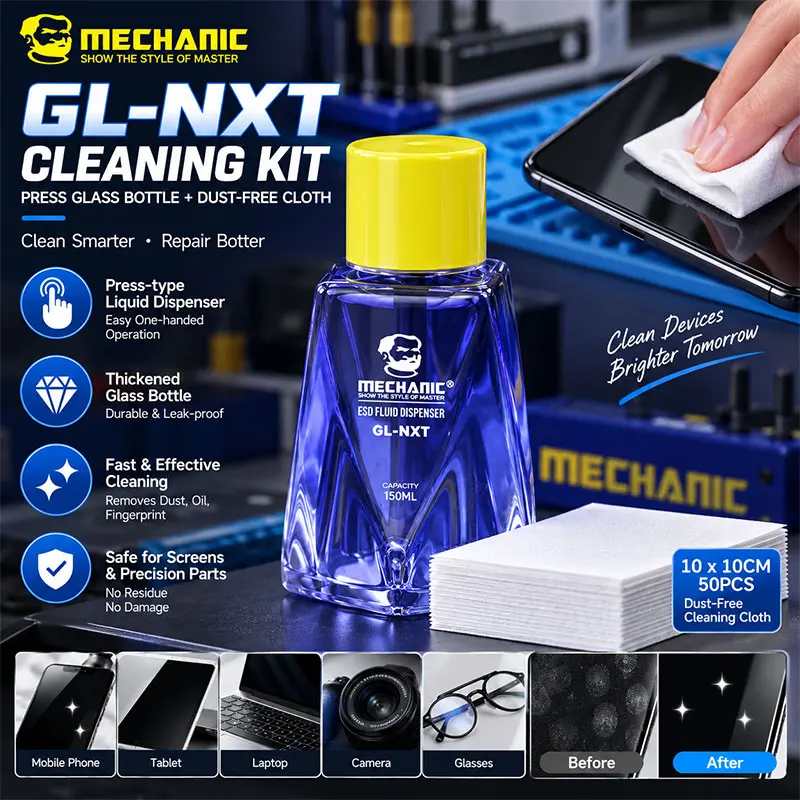 MECHANIC GL-NXT 150ml Press Glass Bottle with 50PCS 10x10cm Dust Free Cleaning Cloth Kit for Phone LCD PCB Motherboard Repair