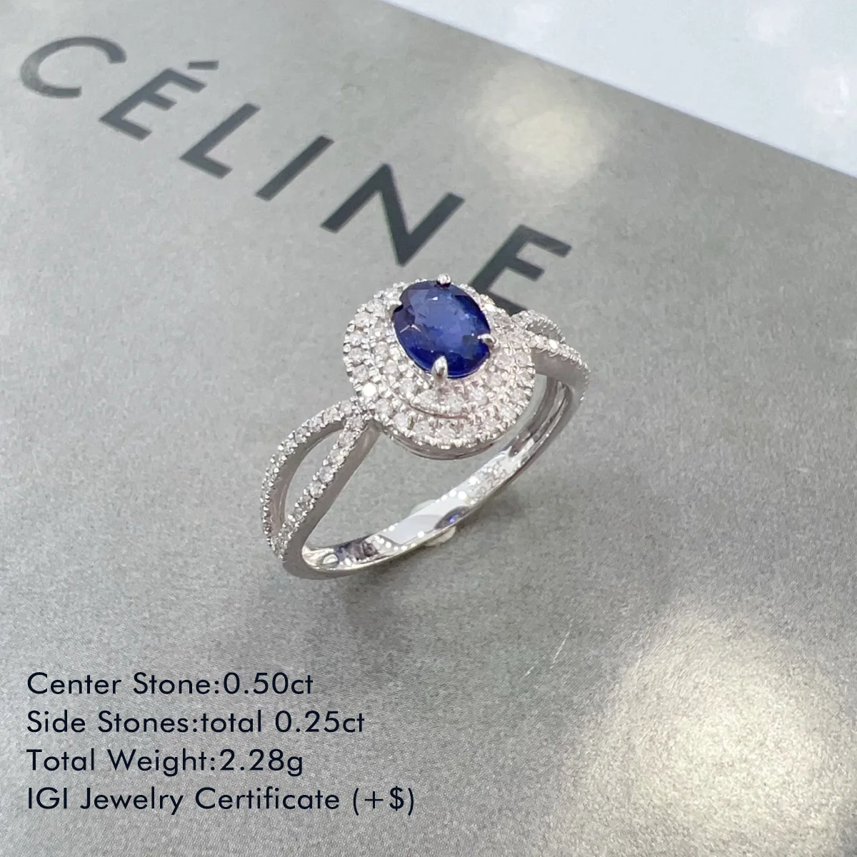Oval Natural Sapphire Ring Accented By Round Diamond Ring 18K White Gold Double Shoulder Ring Jewelry Women Luxury High Quality
