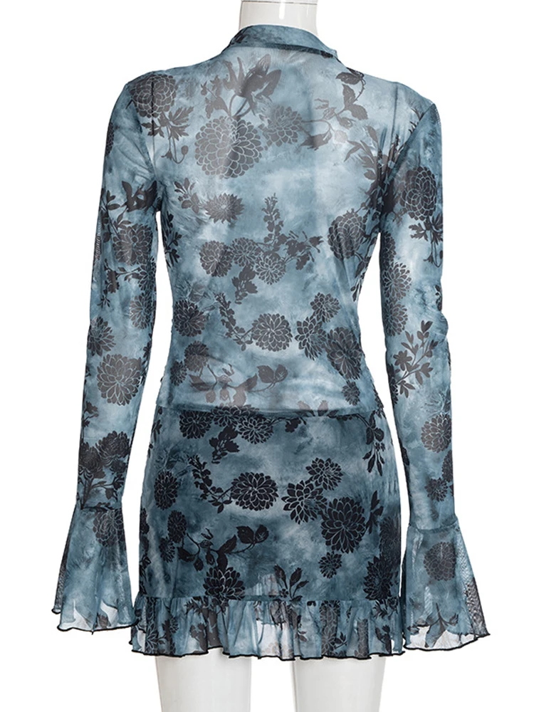 Kricesseen Luxe Bloemenprint Diepe V-hals Ruches Zoom Mesh Korte Jurk Vrouwen Flare Mouw Ruches Nachtclub Jurk Sexy Clubwear