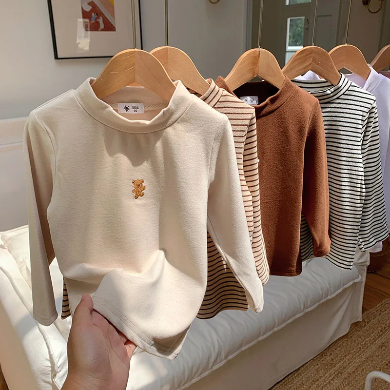 

2-10Years Autumn Baby Boy Girl Baby Solid Long Sleeve Bottoming Shirt Children Turtleneck Casual Tshirt Kid Striped Top Clothes
