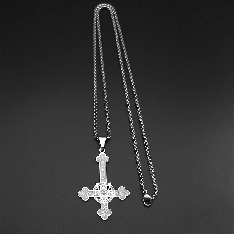Gothic Punk Hexerei Pentagramm Umgekehrtes Kreuz Anhänger Halskette für Frauen Männer Edelstahl Silber Farbe Stern Kette Schmuck – Detail 8